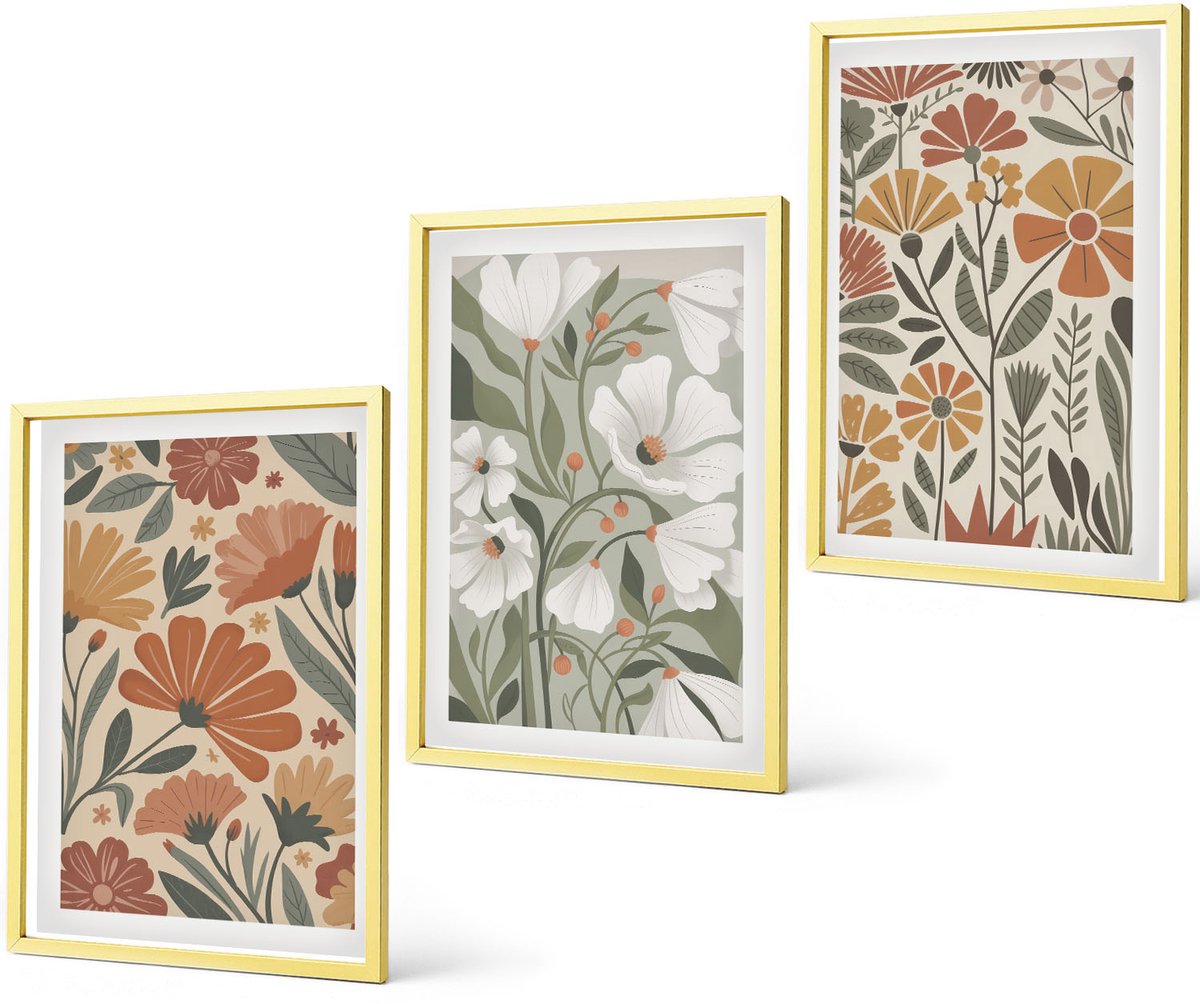Coloray 3-Delige Schilderij Set - Bloemen En Olijven In Vazen ​​Citroenen Natuur - 40 x 40 cm En 40 x 60 cm - Wanddecoratie - Woonkamer Decoratie - Stijlvolle Muurdecoratie