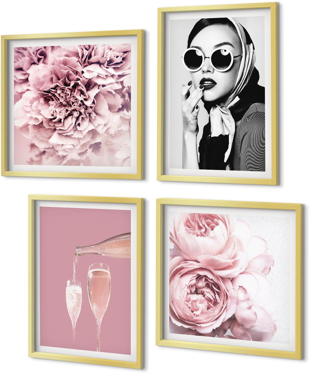 Coloray 4-Delige Schilderij Set - Bloemen, pioenrozen, rozen, champagne en een elegante vrouw - 40 x 40 cm en 40 x 60 cm - Wanddecoratie - Moderne Interieurdecoratie - Interieur Decoratie