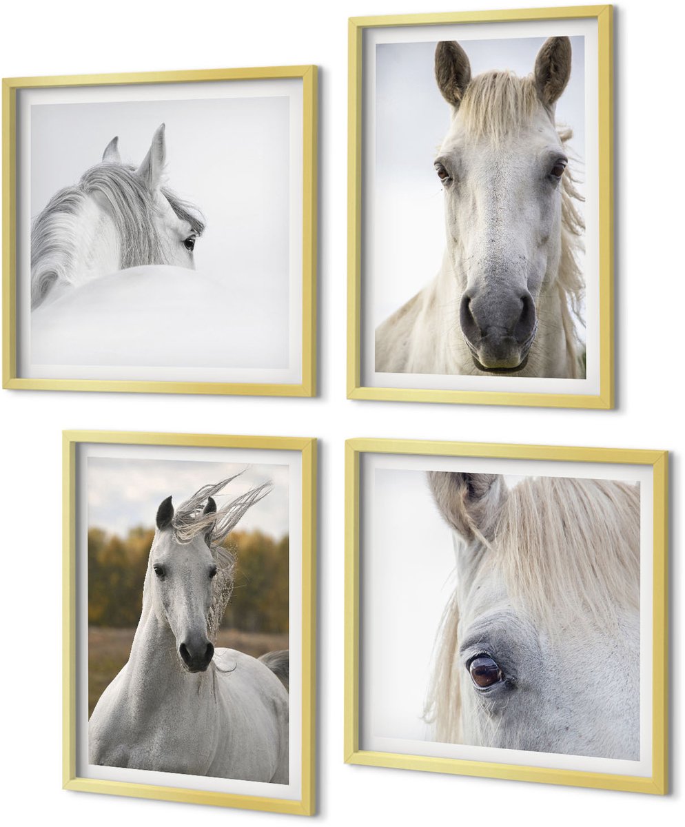Coloray 4-Delige Schilderij Set - Witte paarden in verschillende houdingen tegen een natuurlijke achtergrond. - 40 x 40 cm en 40 x 60 cm - Wanddecoratie - Muurdecoratie - Moderne Interieurdecoratie