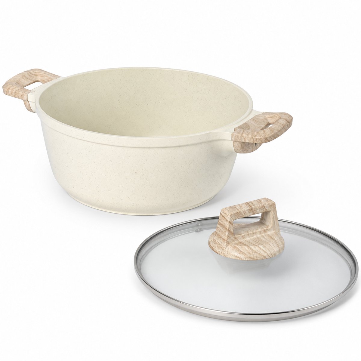 Braadpan met Deksel – Marmeren Antiaanbaklaag – Kookpan voor Inductie en Alle Warmtebronnen – Glazen Deksel – Crème