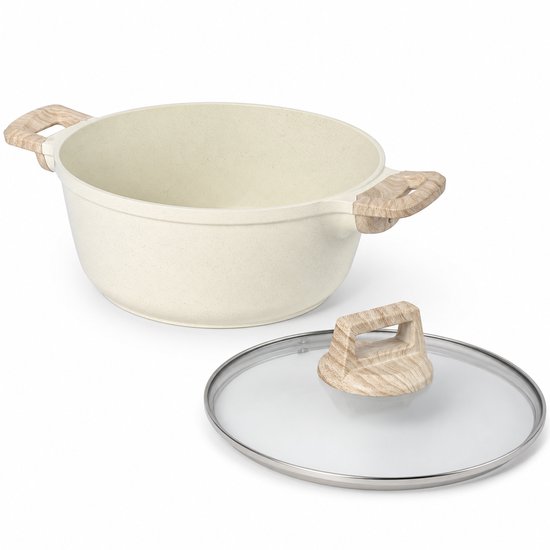 Kookpan Inductie 24 cm met Glazen Deksel – 4,1 Liter – Antiaanbaklaag – Beige Granietlook