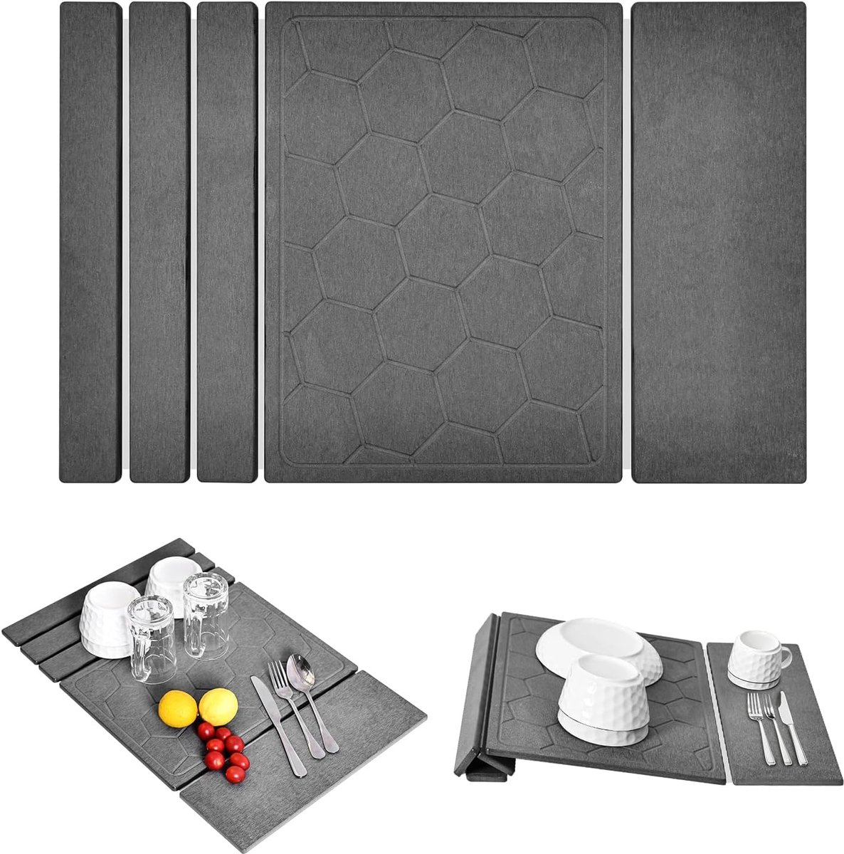 KitchenRaku Foldable Diatomite Draining Mat - 3-in-1 Foldable (Flat/Hald/Stand) - Absorbs 150% Own Weight - ShopVlot