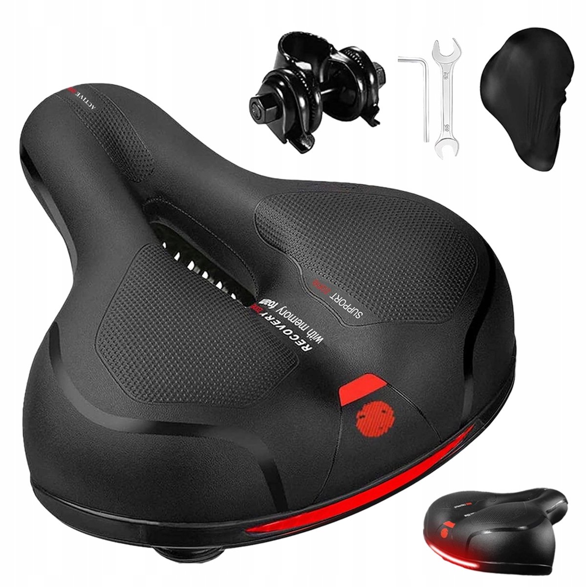 Comfortabel Fietszadel - Ergonomisch Fietszadel - 5 cm Dik Traagschuim - Dubbele Schokdemping - Ventilerende Centrale Uitsparing - Rode Reflecterende Strip - Voor Stadsfiets, Mountainbike, Hybride Fiets en Racefiets