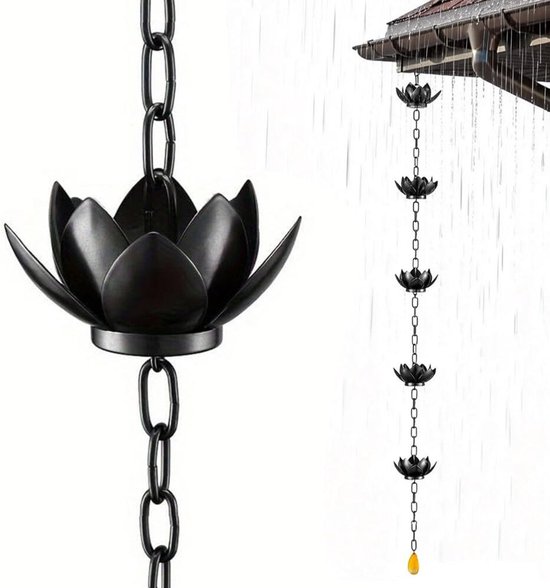 Gedetailleerde close-up van een zwarte lotus regenketting, met een hele ketting ernaast.