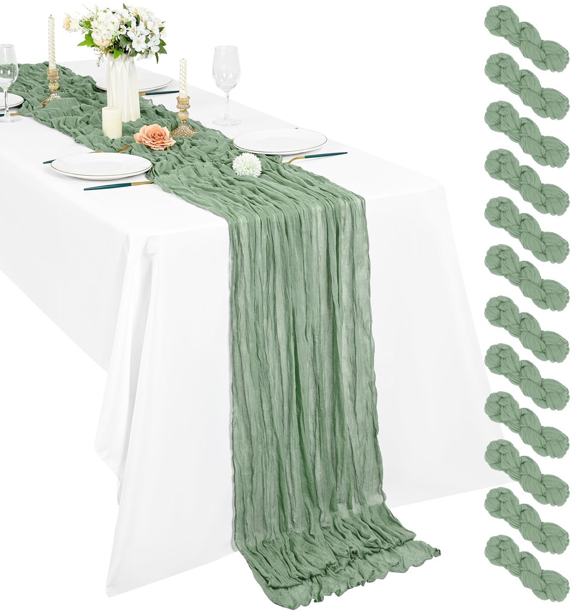 Famanu – Set van 12 Sage Green Cheesecloth Tafellopers, 3,05 m, boho gauze tafelloper voor bruiloften en feestdecoratie, 53 x 305 cm