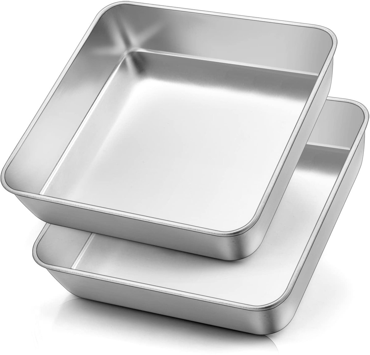 Famanu – Vierkante taartvorm set van 2, roestvrij staal, 21 x 21 x 5 cm, duurzame bakvormen voor brownies, lasagne en cake, eenvoudig te reinigen