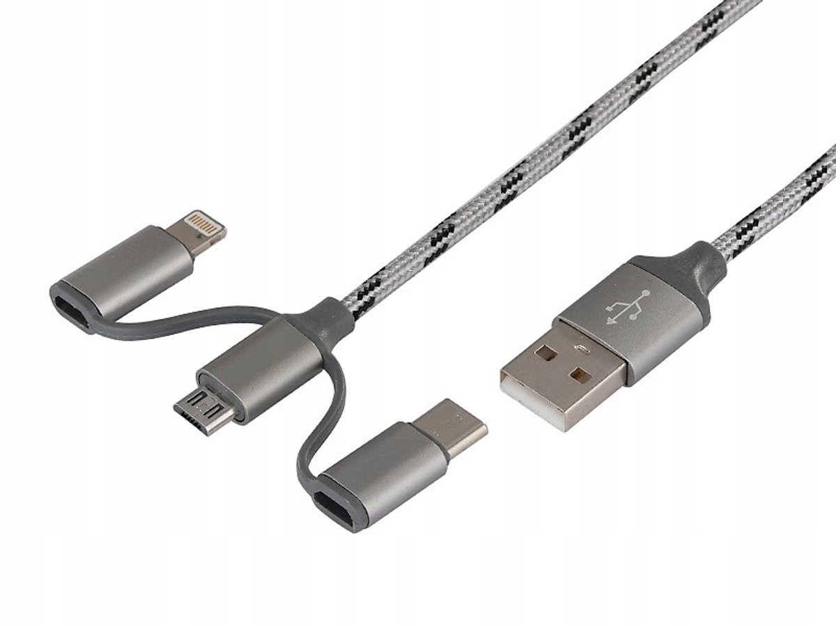 3-in-1 Laadkabel 120cm USB naar Micro USB, Lightning & USB-C