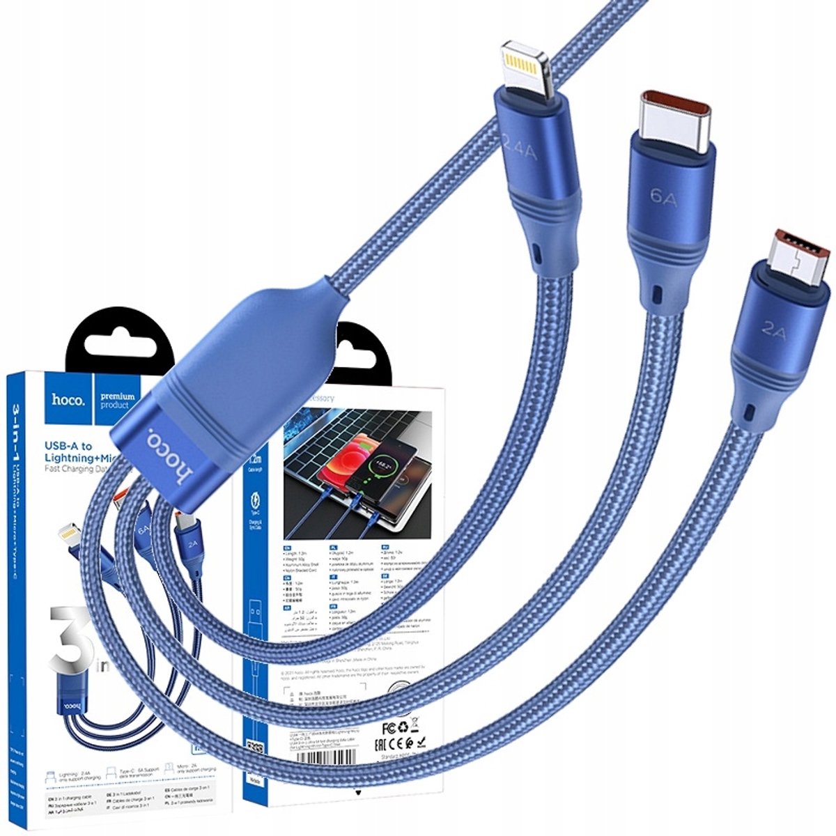 Hoco U104 3-in-1 USB-C, Lightning, Micro USB Kabel 6A Blauw