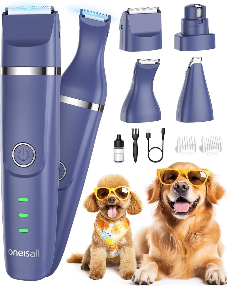 Tondeuse katten langhaar - Blauw - 4-in-1 multifunctionele honden- en kattentondeuse met oplaadbare batterij - Voor lichaam, poten, gezicht en nagels