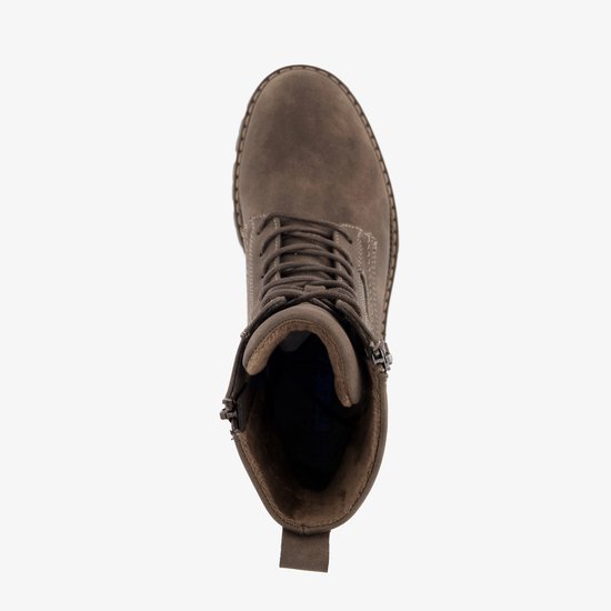 Bovenkant van een bruine veterboot met rits en veters.