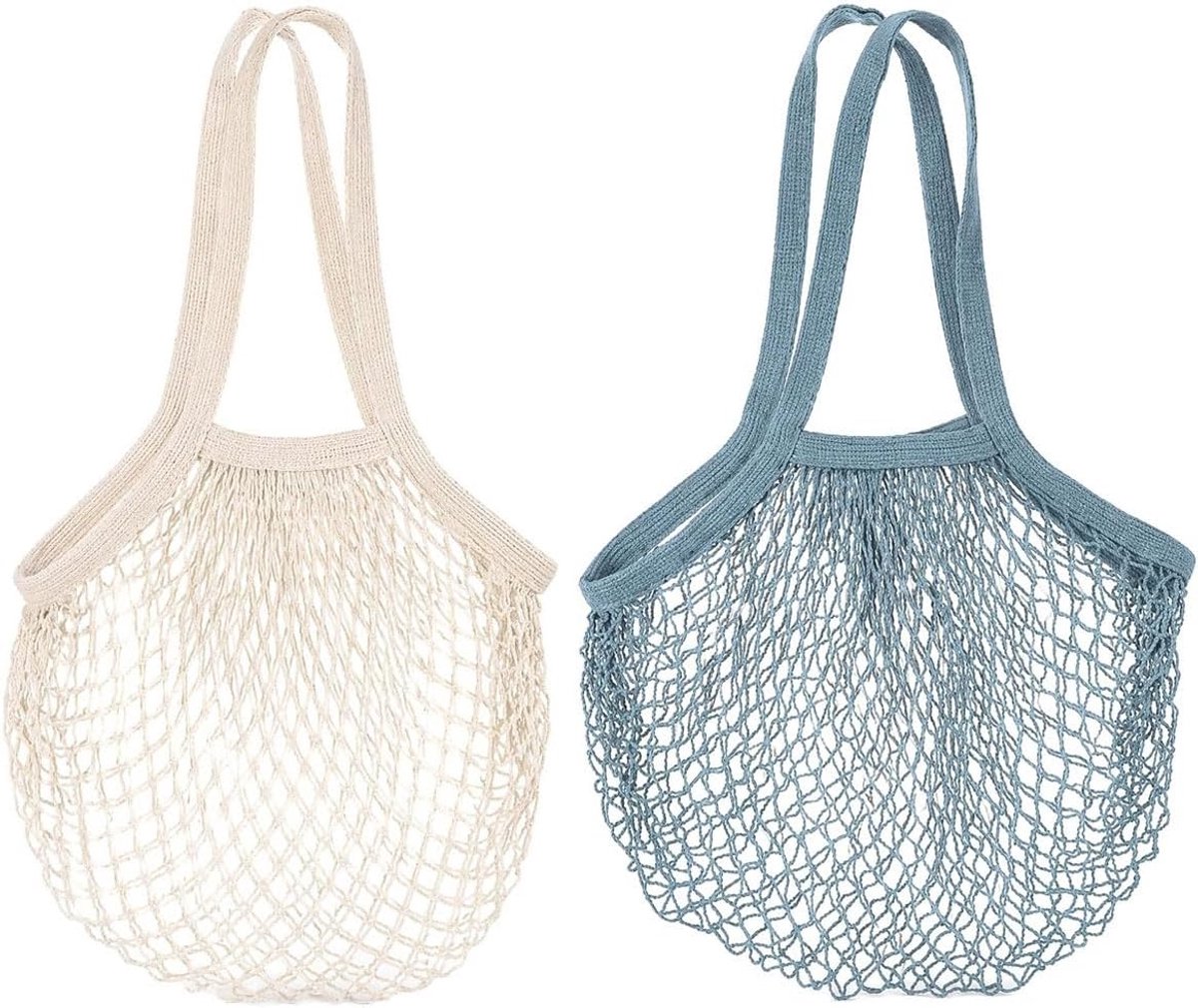 2 stuks katoen mesh tas herbruikbare winkelzakken met lange hendels voor fruit groenten zandspeelgoed strandspeelgoed - ShopVlot