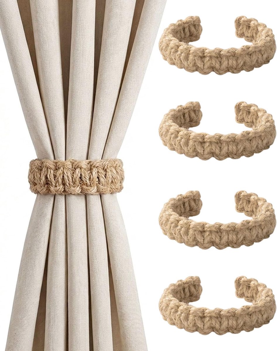 Geflochten jute gordijn Raffholder 4er set natuurvezel gordijnkordel met gordijnband voor vintage en boho stijl - ShopVlot