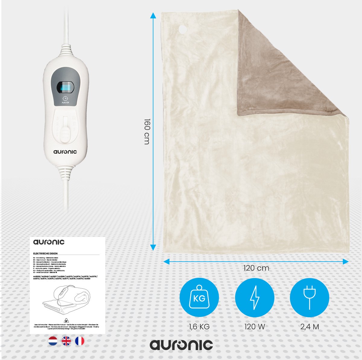 Auronic Elektrische Bovendeken - 160 x 120 cm - 1 Persoons Omslagdeken - 3 Warmtestanden met Timer & Automatische Uitschakeling - Verwarmingsdeken - Wasbaar - Beige – foto 8