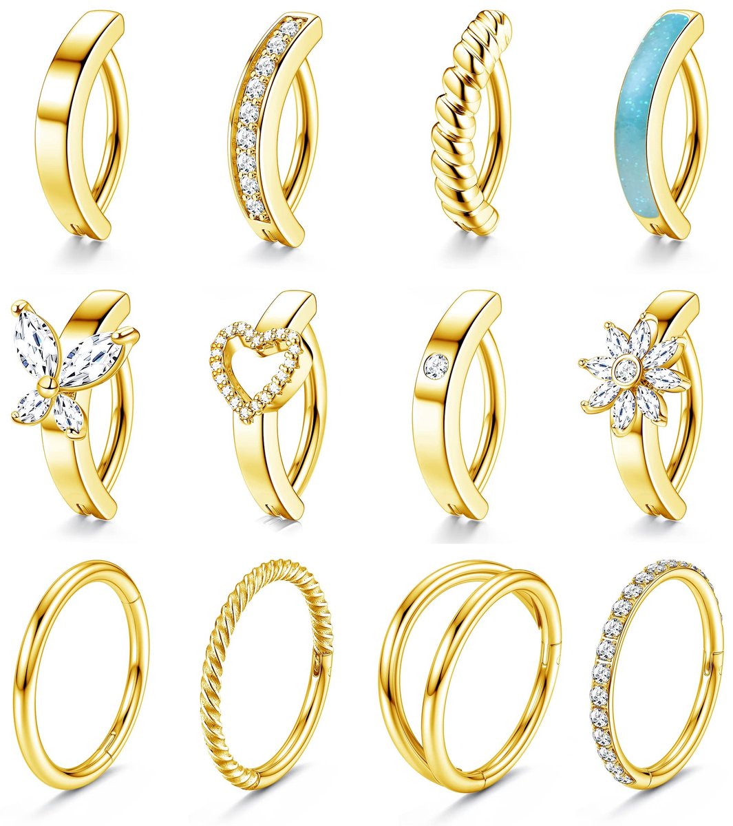 Solidchoice - Set van 12 14G Buikpiercings in Goud en Zilver, Met CZ en Opal