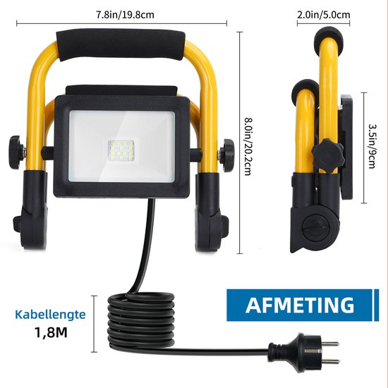 Gele LED werklamp, opgevouwen en uitgevouwen, met afmetingen en 1,8m kabel.