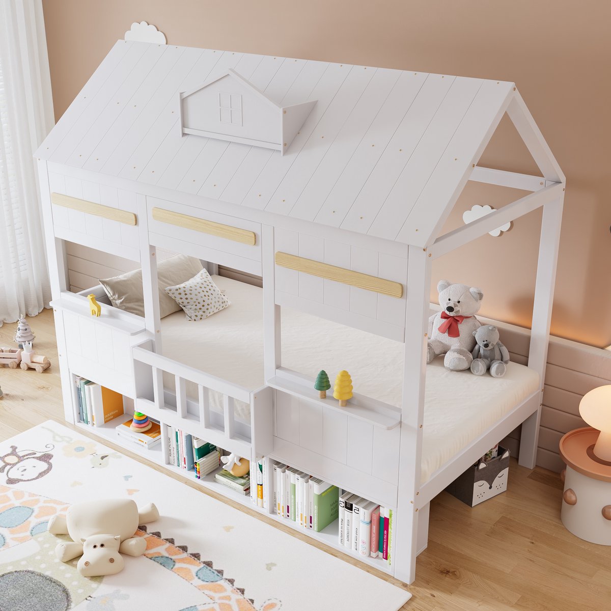 Halfhoogslaper 90x200cm - kinderbed - huisvormig ontwerp - met een rij boekenplanken - lattenbodem - wit - zonder matras