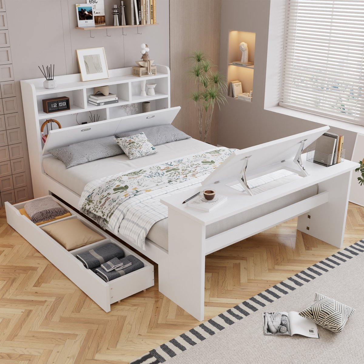 Kinderbed 140x200 cm - met opbergruimte - met hoofdbord - uitschuifbare lade en verstelbaar inklapbaar bureau - wit
