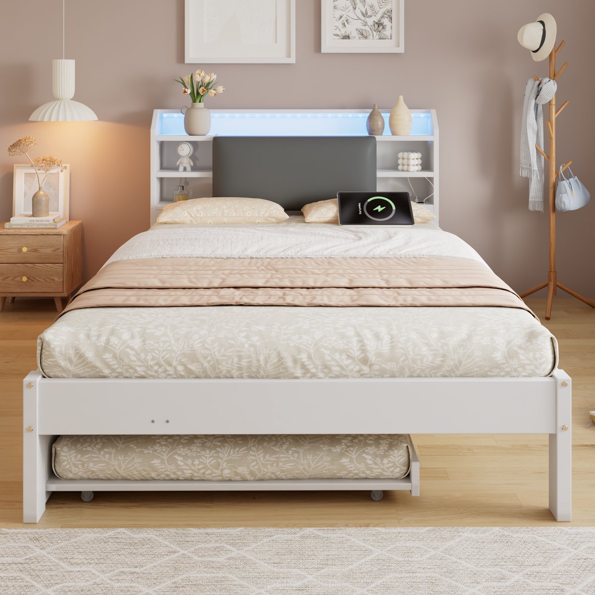 Houten bed 120x200 cm - met uitschuifbaar bed - LED-verlichting - hoofdbordrek en oplaadstation - wit