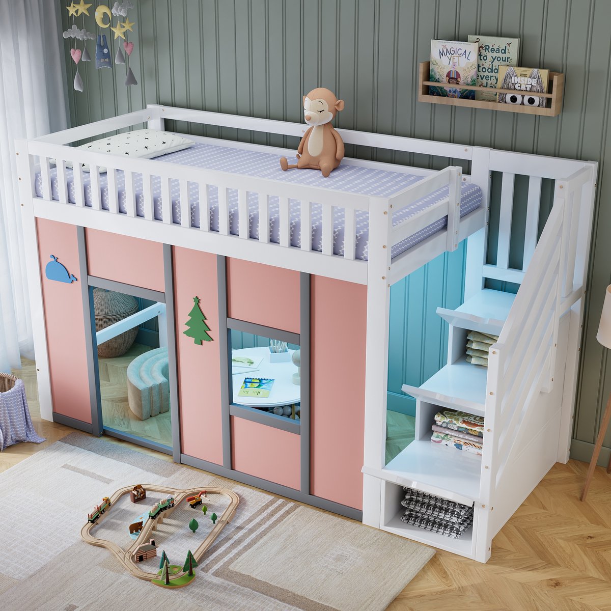 Kinderbed 90x200 cm - halfhoogslaper met opbergbanken/traintrapje - LED-verlichting - speelruimte - wit en roze