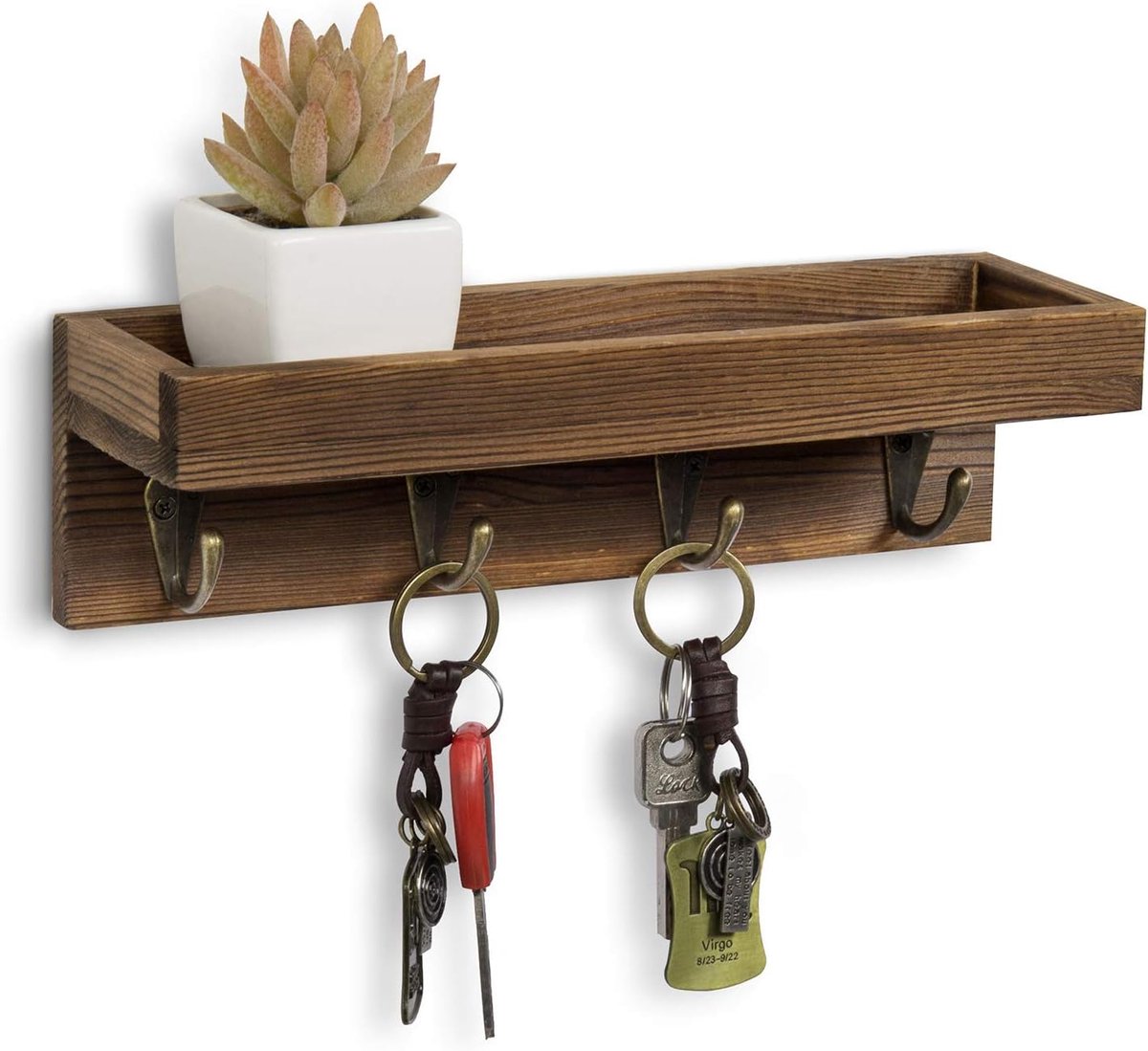 Sleutelhouder – Wandrek voor sleutels – Wandplank – Organizer voor de entree – Opbergrek – Voorzien van 4 metalen sleutelhaken – Ideaal voor interieurdecoratie, gangen, entrees en appartementen – Bruin