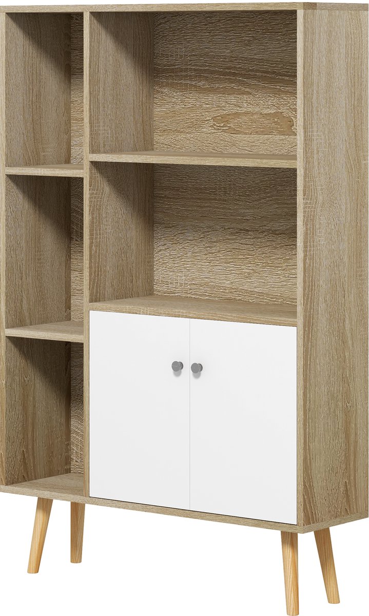 Scandinavische boekenkast met 5 vakken - 2 deuren met legplank afm- 80 L x 23,5 x 123 H cm - schuine taps toelopende poten massief hout eiken