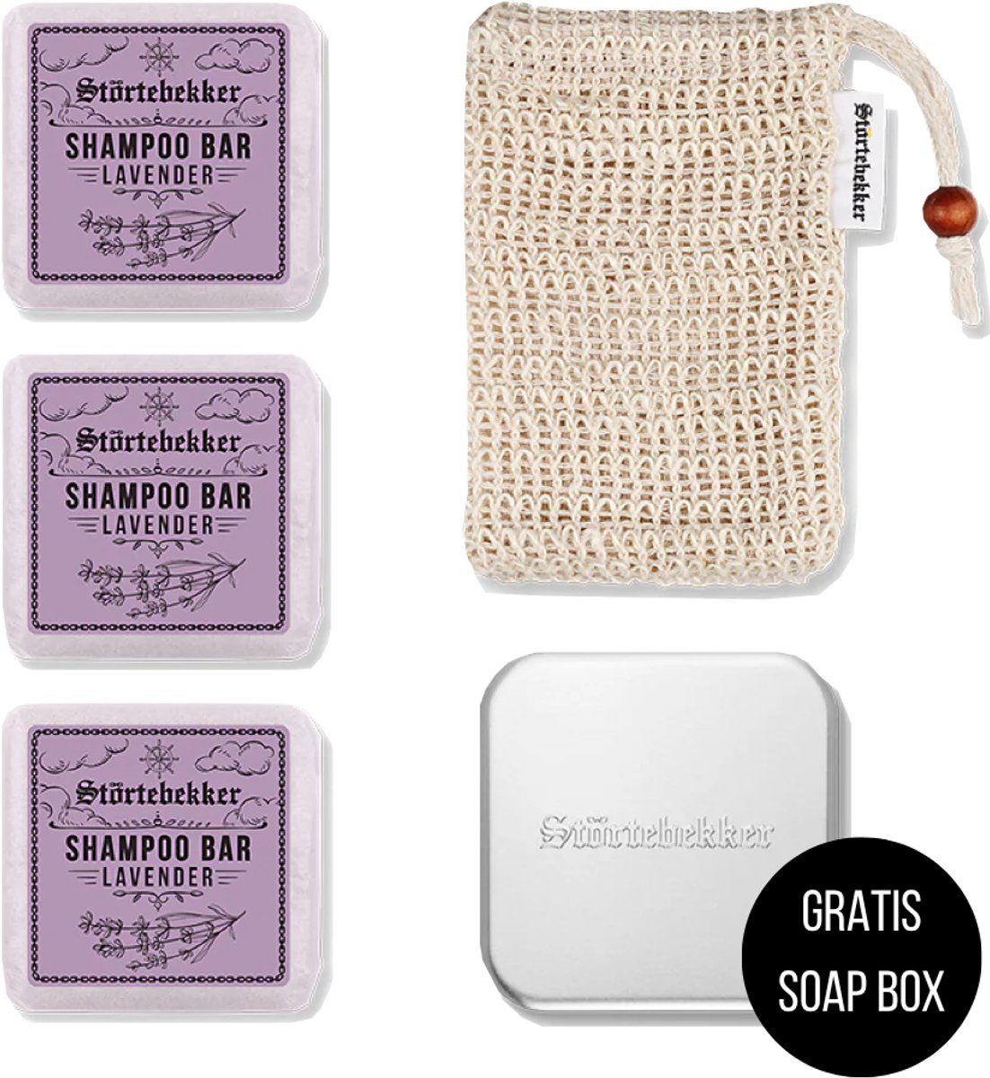 Störtebekker® Premium Doucheset Hair - Vaste shampoo (100 g x3), sisalzakje + GRATIS aluminium zeepdoosje - Shampoo Bar Set - Solid shampoo Set- Handgemaakt in NL