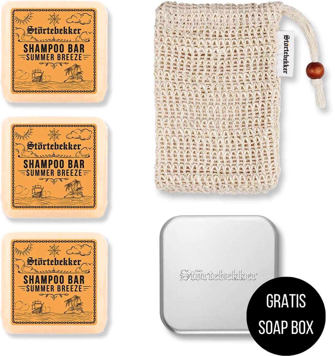 Störtebekker® Premium Doucheset Hair - Vaste shampoo (100 g x3), sisalzakje + GRATIS aluminium zeepdoosje - Shampoo Bar Set - Solid shampoo Set- Handgemaakt in NL