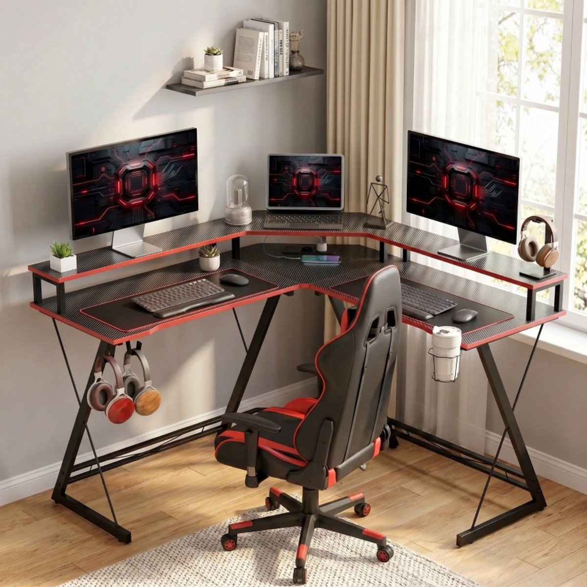 OKWISH Gaming Bureau L Vormig 128 Cm Met Monitorstandaard Stekkerdoos Usb Poorten Koptelefoonhaak Bekerhouder Zwart Voor Hoekwerk