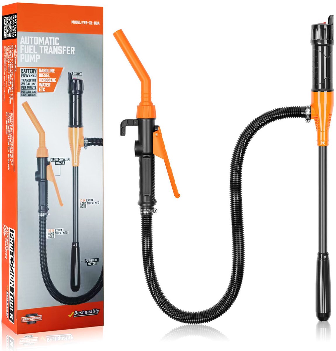 Elektrische transferpomp - Draagbare oliepomp - Zelfrijdende slangtransferpomp - Afneembare waterpomp - 2,4 gallon/minuut - Voor het overpompen van benzine, diesel en water - Oranje thumbnail 5