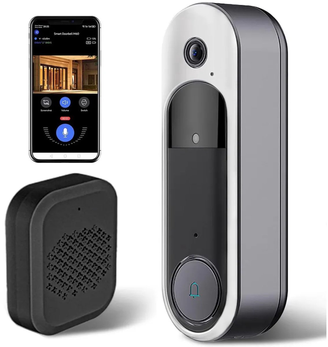 Draadloze HD-videodeurbelcamera, deurbelsysteem, tweeweg spraakcommunicatie, beveiligingsdeurbel Geschikt voor nachtzicht, cloudopslag, alleen 2,4 GHz Wi-Fi.
