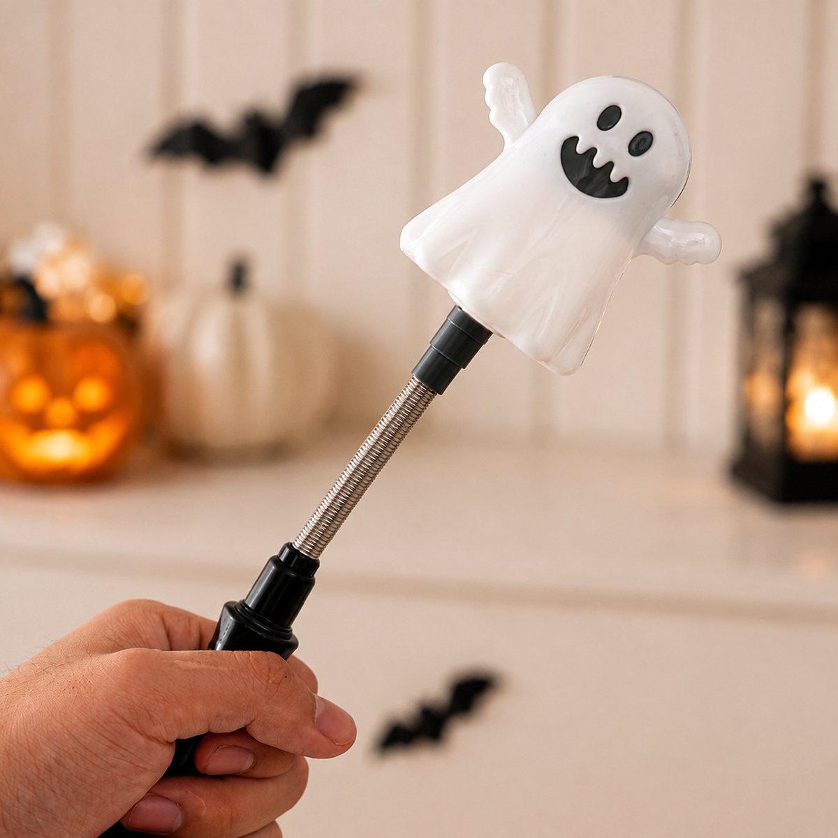 Halloween-pompoenlamp – Lichtgevende handstaf met LED-pompoen en -geest – Lichtgevend Halloween-speelgoed – Handzame Halloween-verlichting – Geschikt voor Halloween-feesten, optredens, kostuums, feestdecoratie en meer – Witte geest