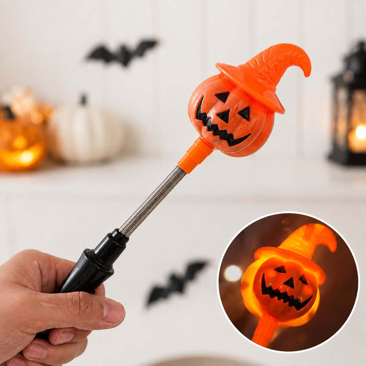 Halloween-pompoenlamp – Lichtgevende handstaf met LED-pompoen en -geest – Lichtgevend Halloween-speelgoed – Handzame Halloween-verlichting – Geschikt voor Halloween-feesten, optredens, kostuums, feestdecoratie en meer – Oranje
