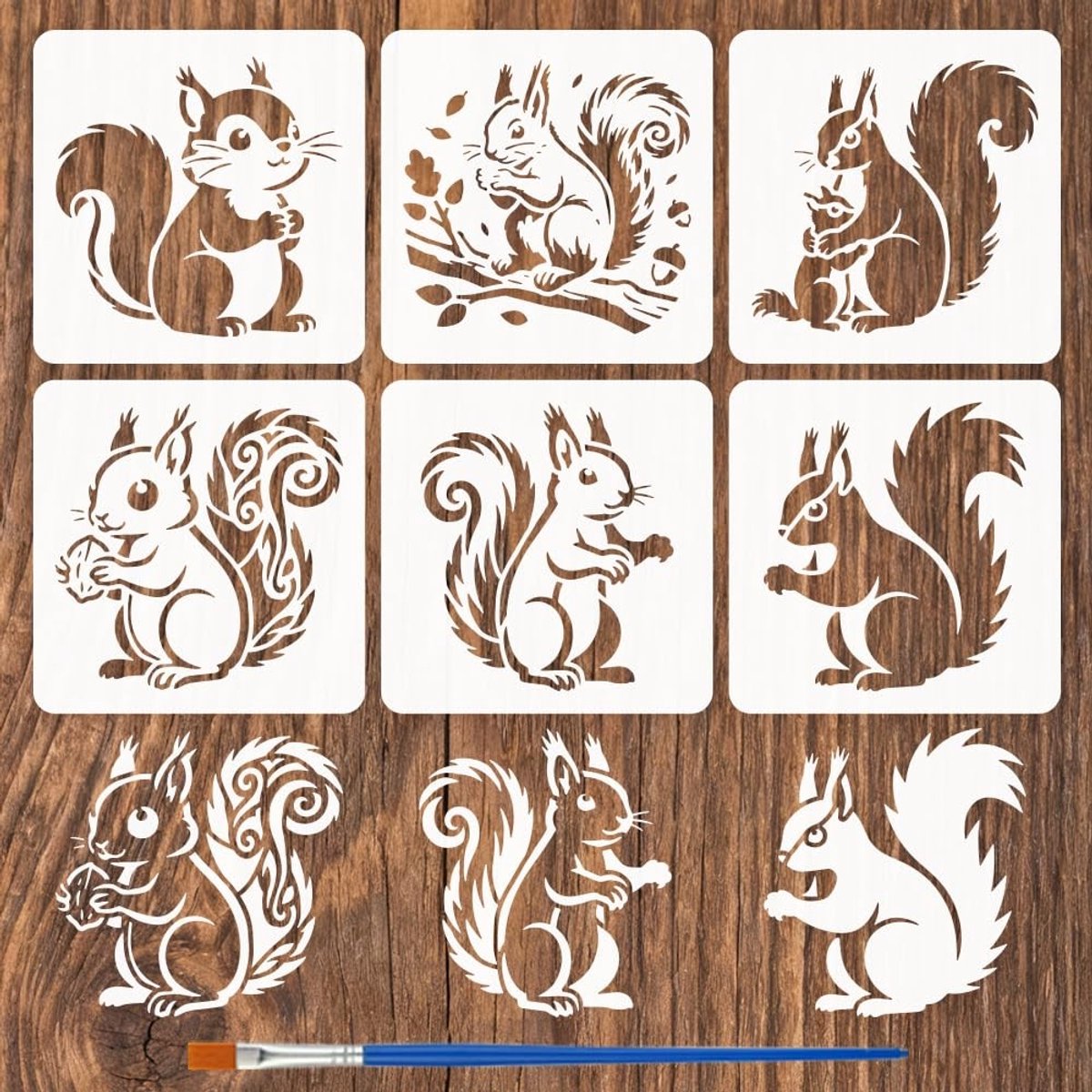 Solidchoice - 6-delige Eekhoorn Schilderstencil Set met Verfkwast - Decoratieve Dierenthema Sjablonen