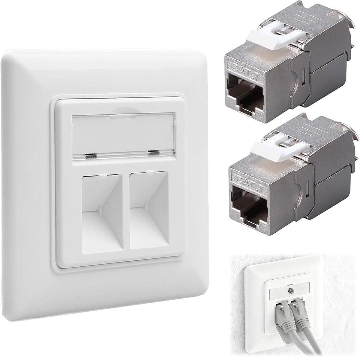 1 flush-mounted network socket, 2 Keystone RJ45 CAT 7 modules, flush-mounted box, Ethernet, LAN, 10 Gbit/s, 2 ports - ShopVlot
