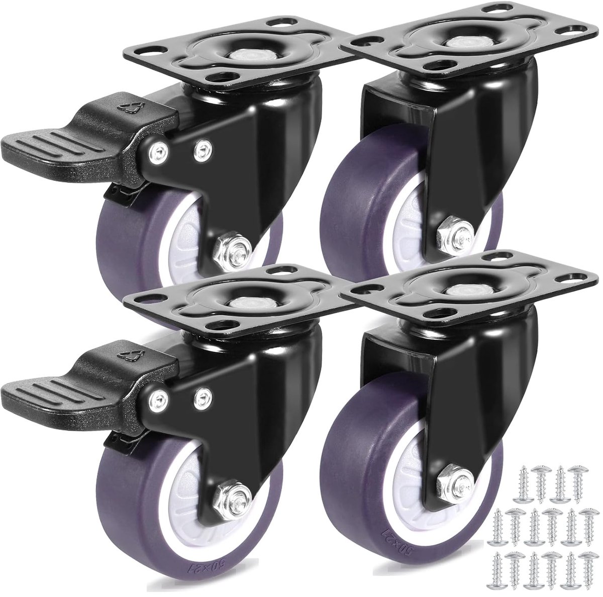 DEPAR 4 stuks meubelwielen, 50 mm zware wielen met rem, 360° draaibaar, 160 kg totale draagkracht, wielen voor meubels - ShopVlot
