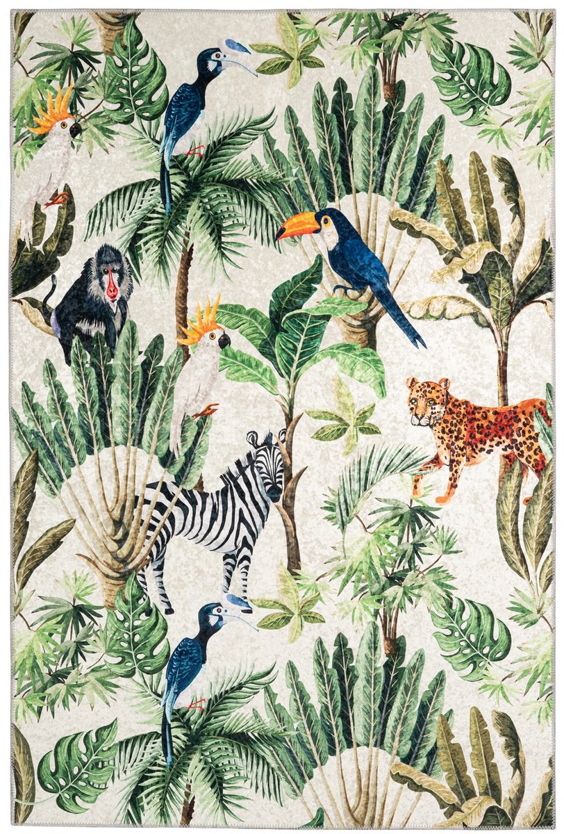 Padiro laagpolig vloerkleed 120 x 170 cm - meerkleurig - tropisch bladerenmotief - geschikt voor vloerverwarming - van polyester