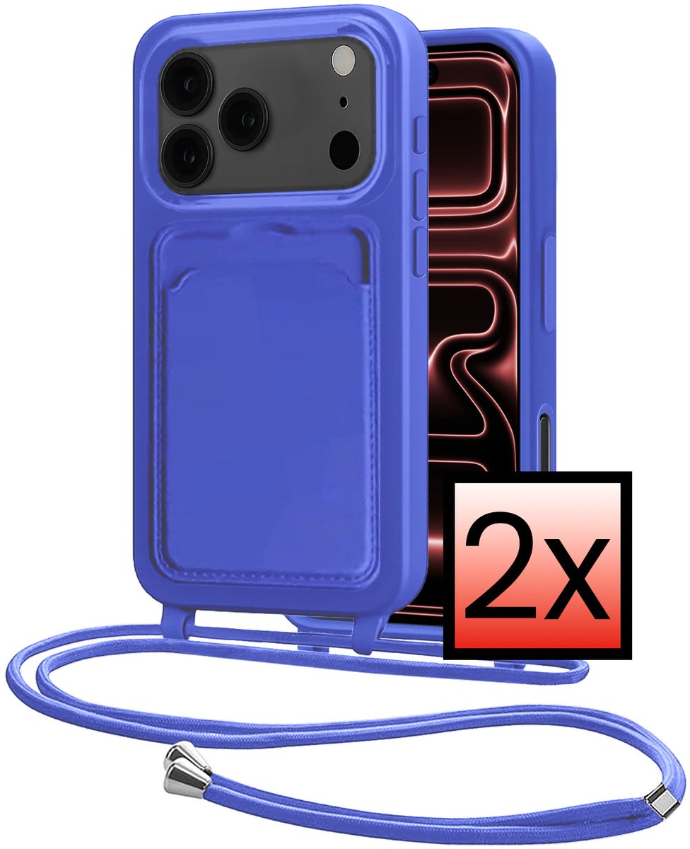Hoes Geschikt voor iPhone 18 Pro Met Telefoonkoord - Siliconen Hoesje Backcover Met Ketting - Felblauw - 2 PACK