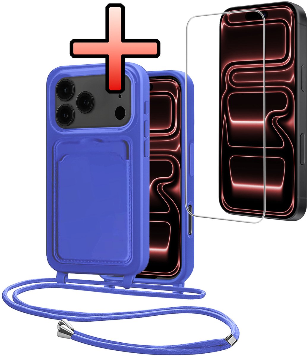 Hoes Geschikt voor iPhone 18 Pro Met Telefoonkoord Met Screenprotector - Siliconen Hoesje Backcover Met Ketting - Felblauw