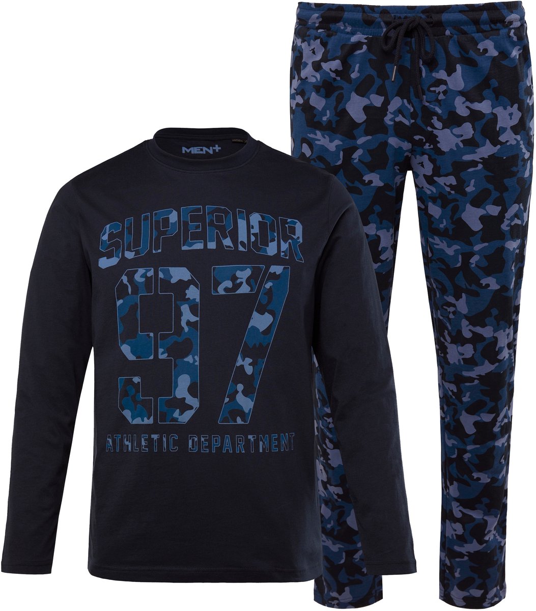 Men Plus - Heren - Pyjama tweedelig longsleeve camouflagebroek Modern Fit - Navy blauw - Maat 6XL