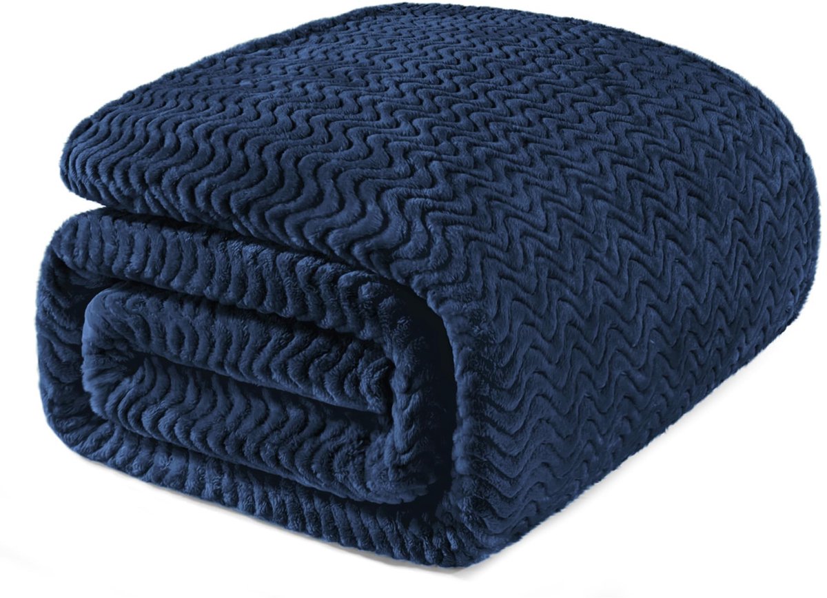 Solidchoice - Queen Size Jacquard Wave Pattern Flannel Fleece Dekbed - 230x230cm, Navy Blauw