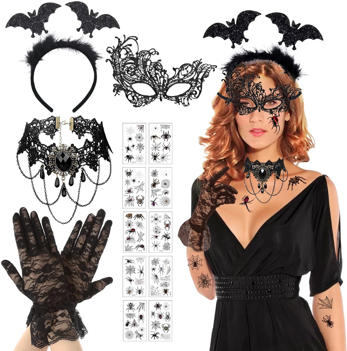 Dames Halloween Set - Accessoires Pakket - Feestelijke Aankleding - Vijf Delige Collectie - One Size - Zwart