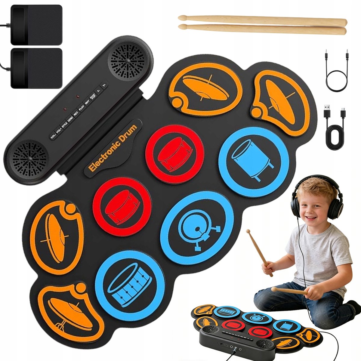 Elektrisch Drumstel - Muziek Speelgoed - Kinder Drumstel - 9 Drumpads - Dubbele Stereoluidsprekers & Drumsticks & Voetpedalen - Opvouwbaar - USB/MIDI - 30x49 cm - Digitaal Drumstel - Voor Kinderen en Beginners