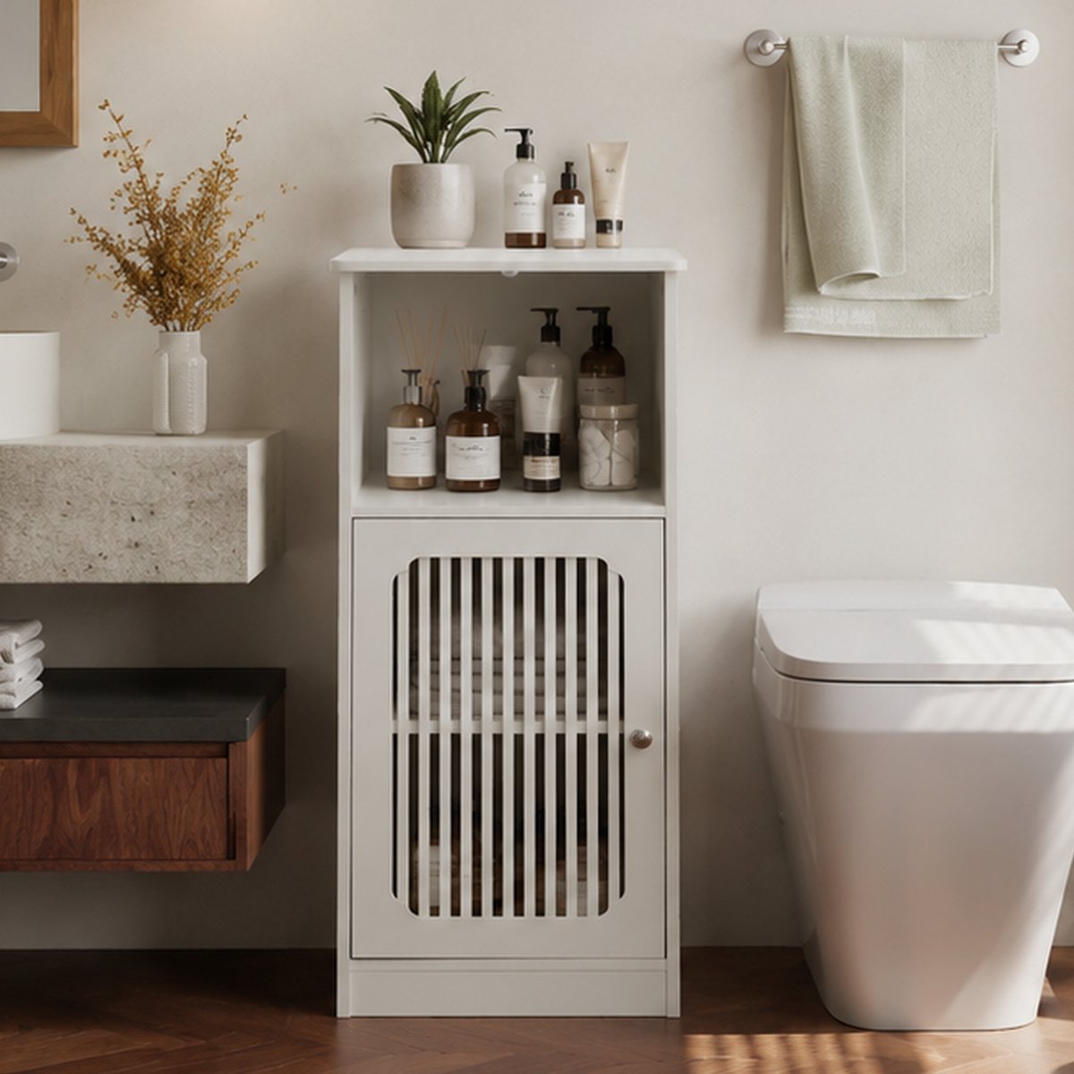 MIVRAY Badkamerkast - Staand Kast Met Lamellendeur En Open Vak - Voor Badkamer Hal En Keuken - MDF En Spaanplaat - Wit - 36x30x86 Cm