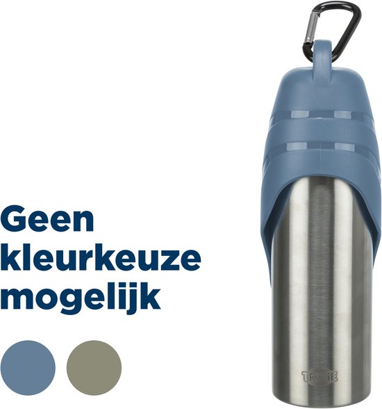 Bouteille d'eau en acier inoxydable avec gamelle bleue en plastique et mousqueton.