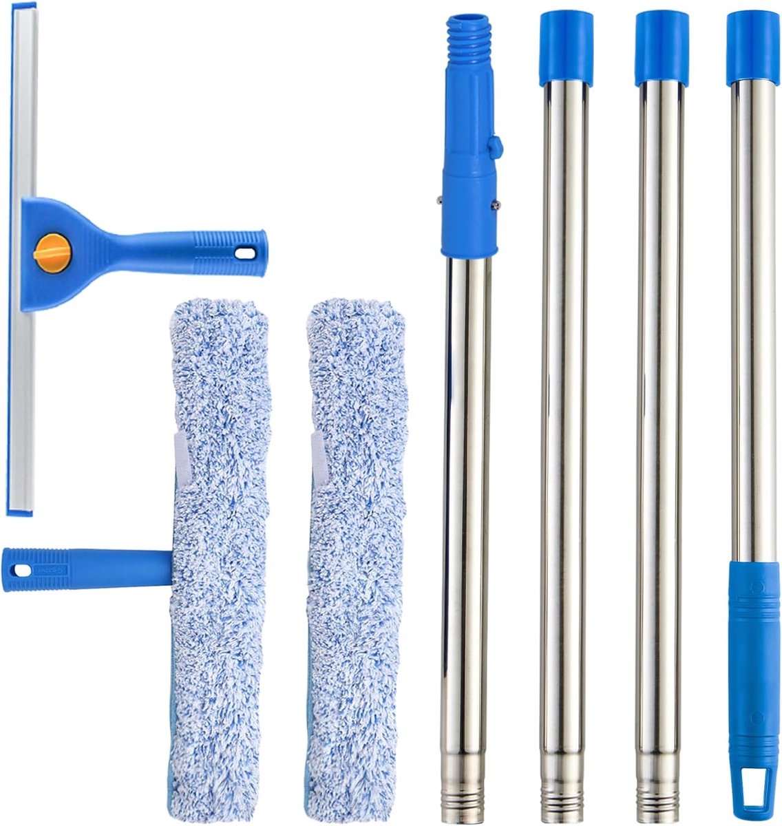 carmdering - Raamwisser met lange steel - 2-in-1 telescopische reinigingsset - Inclusief wisser en reservedoek - 4-delige steel - Geschikt voor het reinigen van ramen, glas, muren en auto's, zowel binnen als buiten