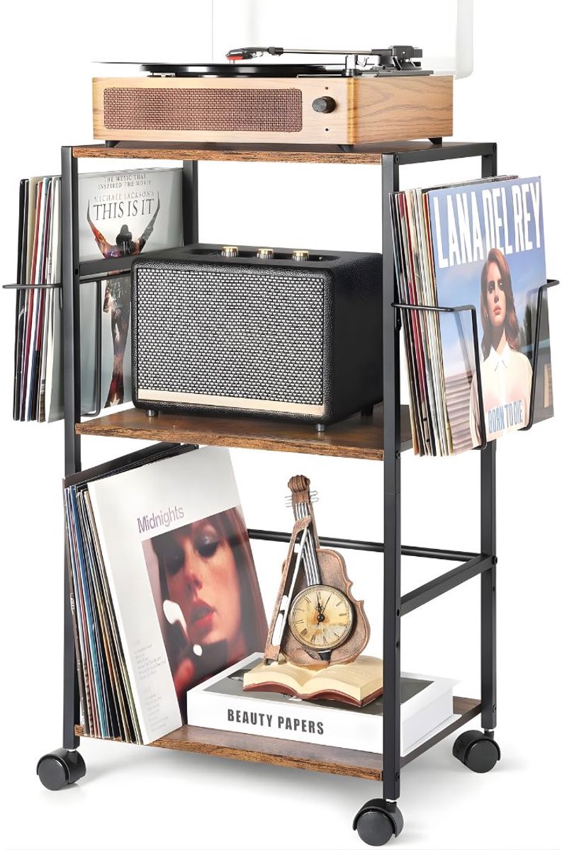KIRA® Platenspeler Meubel - Stevige Platenspeler Kast - Platenspeler Meubel met LP Opslag - Bruin en Zwart - 30cm x 45cm x 74cm