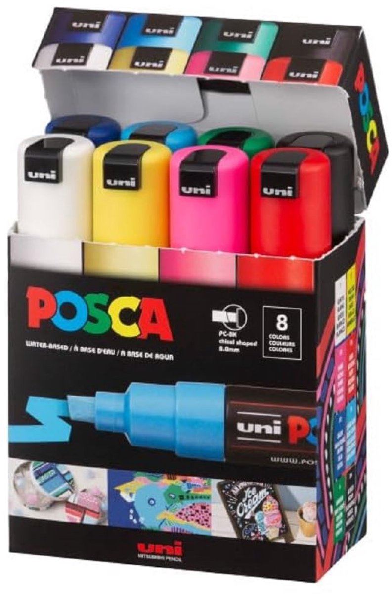 Solidchoice - Set van 8 POSCA Markers met Brede Keilspitse in Basis Kleuren