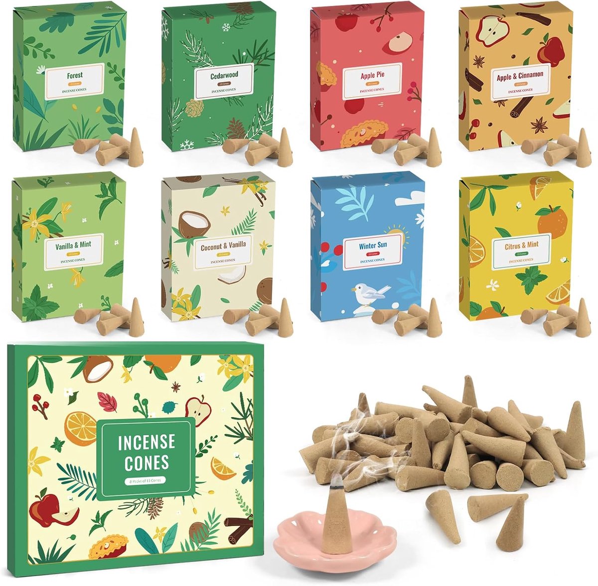 Wierookkegels - 120 stuks - 8 geurende wierookkegels - met wierookstokjeshouder - perfect voor schone lucht binnenshuis - ontspanning - yoga - meditatie