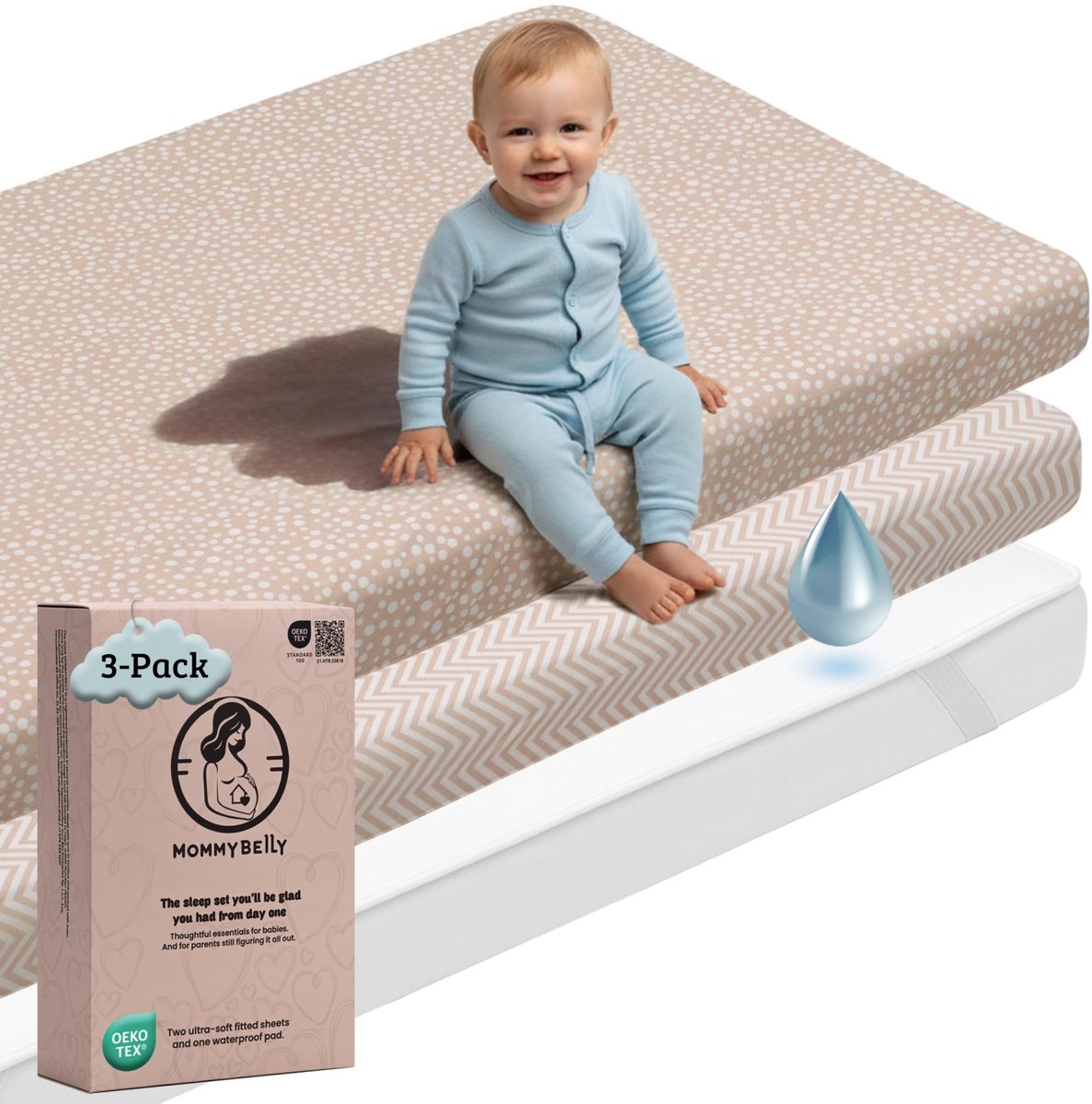 Solidchoice - Peuterbed Fitted Sheet Set - 80x130 cm, 2 Jersey Katoenen Fitted Sheets + 1 Waterproof Matrasbeschermer