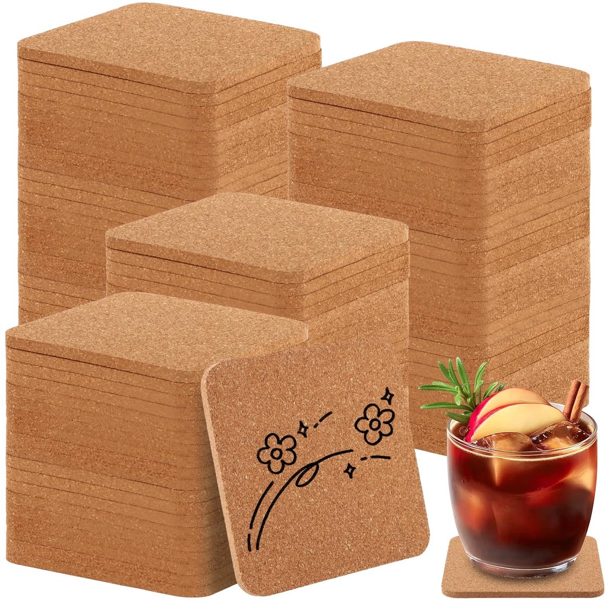 Solidchoice - 50 stuks vierkante kurkonderzetters, 10 x 10 cm, extra dik en antislip